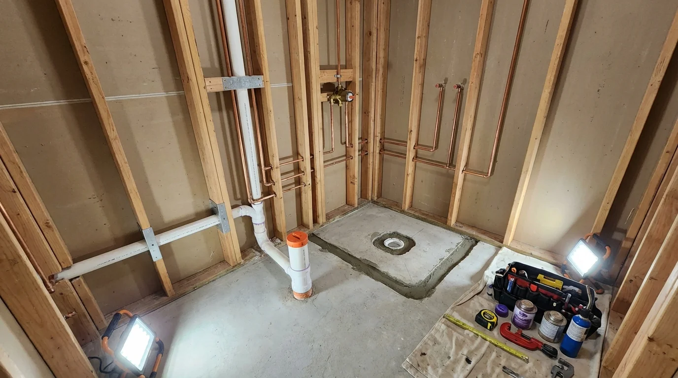 Bathroom rough-in plumbing during remodel by Johns Plumbing LLC in Fredericksburg