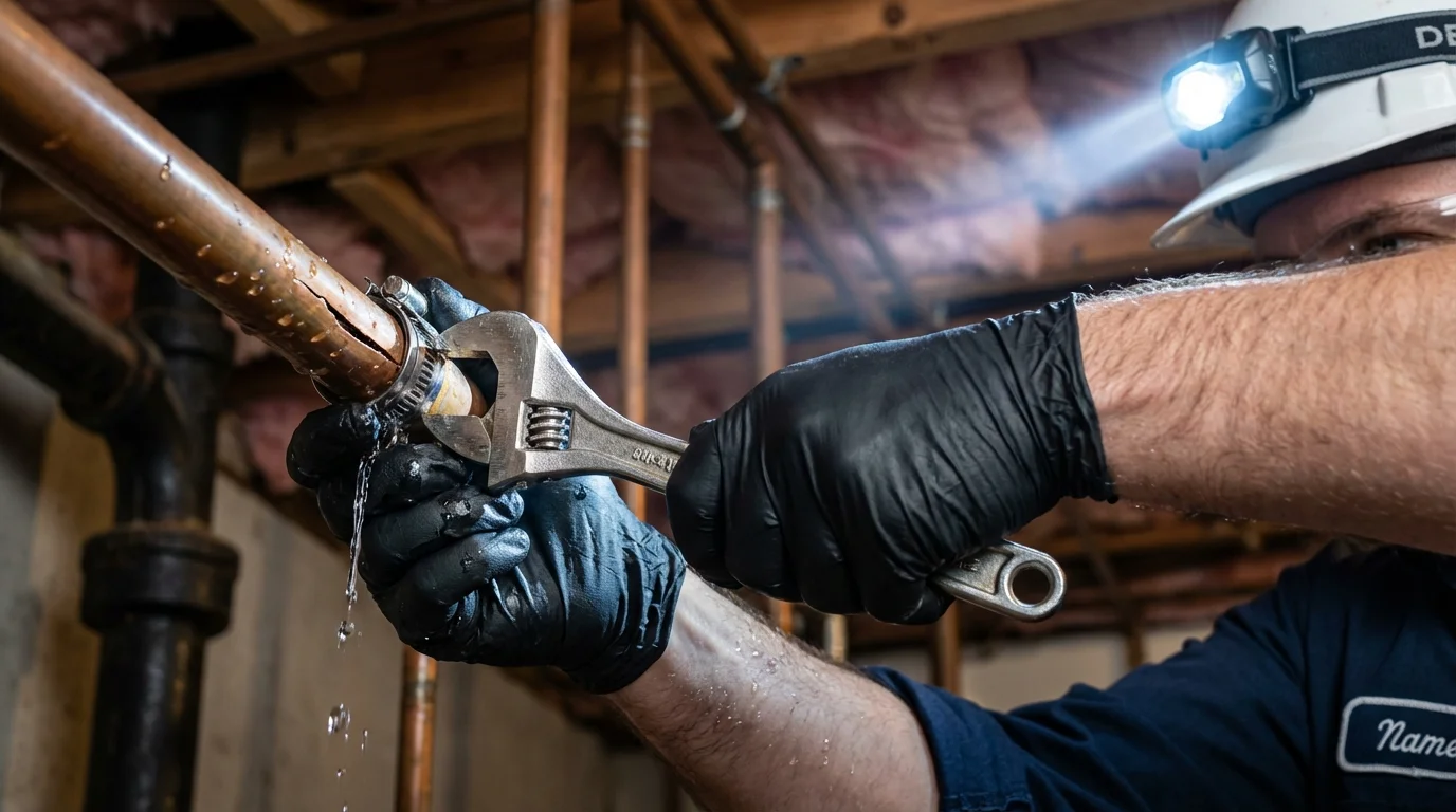 Emergency pipe clamp repair being performed by a Johns Plumbing LLC plumber in Fredericksburg