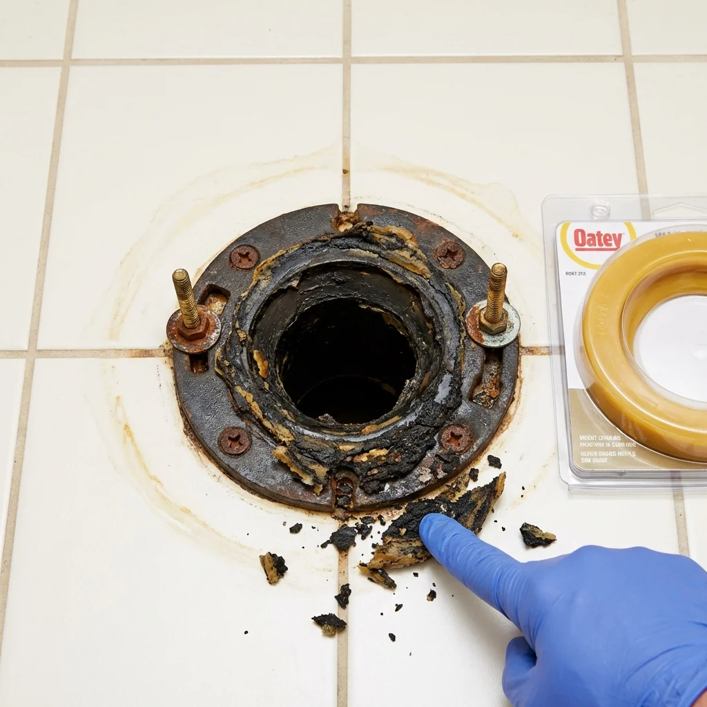 Failed wax ring showing water seepage at the base of a toilet in a Fredericksburg, PA home