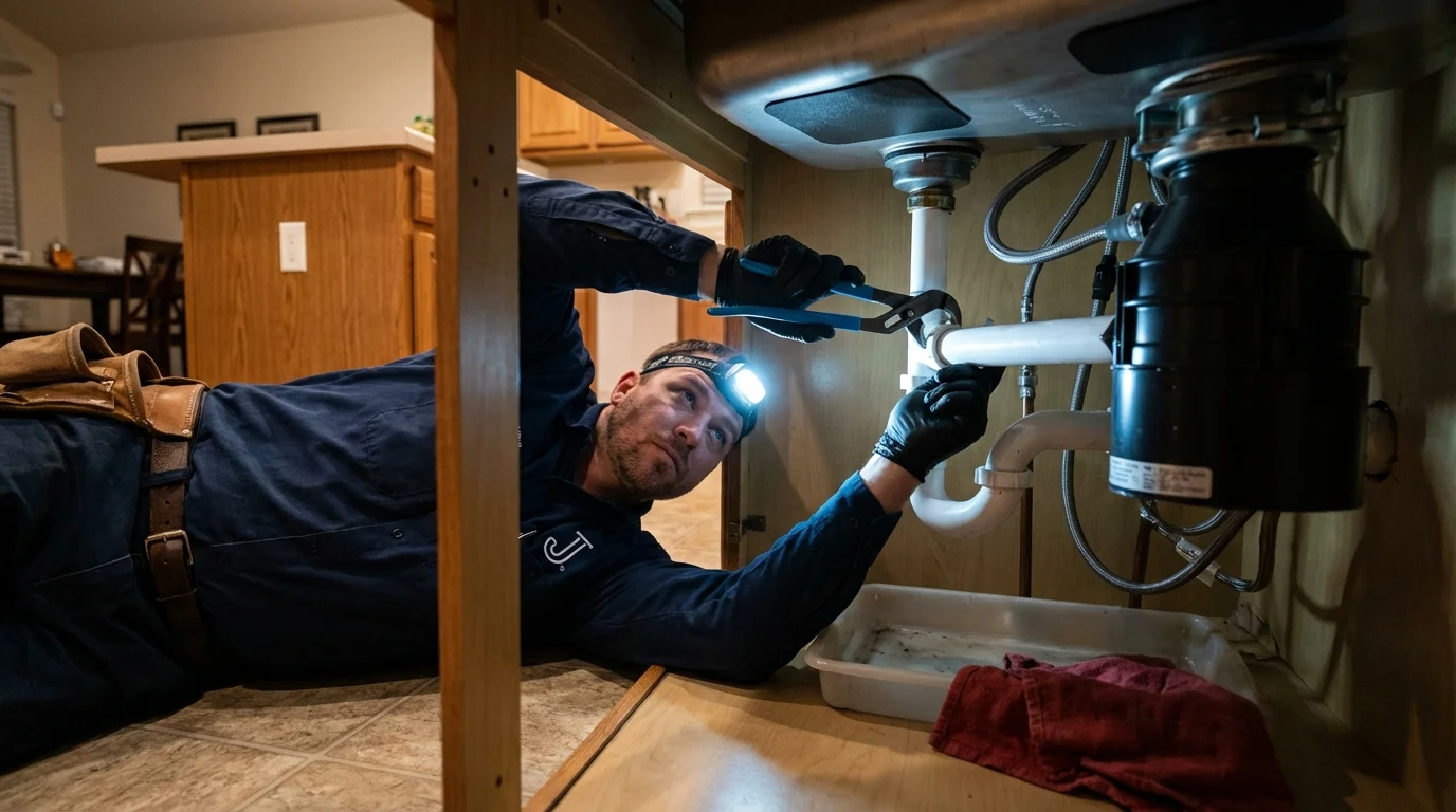 P-trap and supply line connections under a kitchen sink showing a common leak point in Fredericksburg, PA